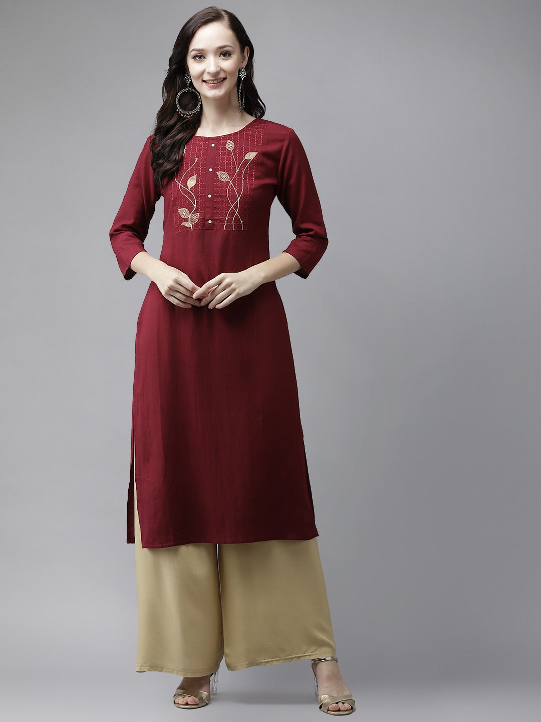 Women's Maroon Floral Yoke Design Thread Work Kurta - Yufta