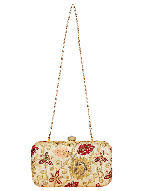 Women's Beige Color tulle Embroidered Faux Silk Clutch - VASTANS