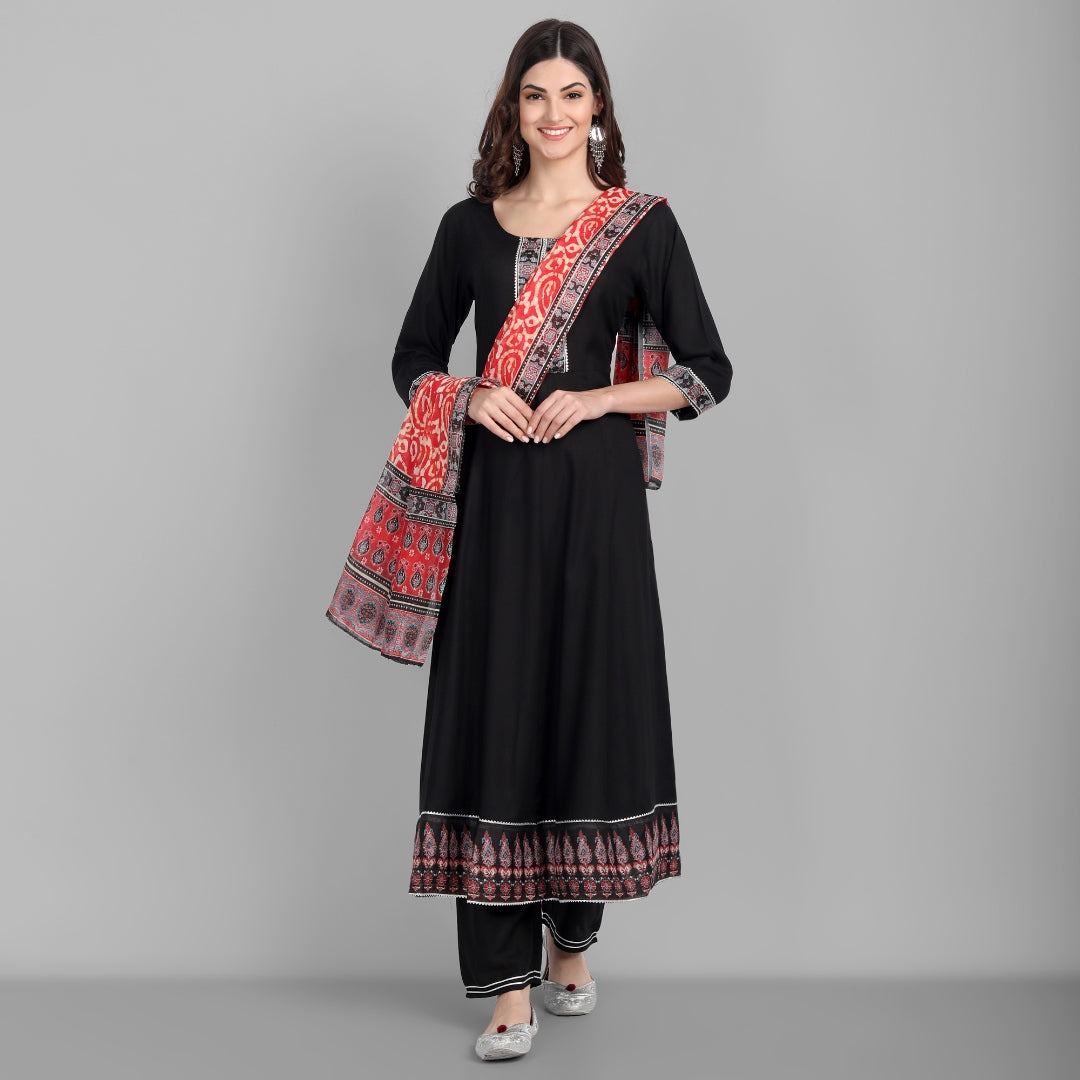 Women's Black Anarkali Kurta And Pant And Dupatta Set - Singni