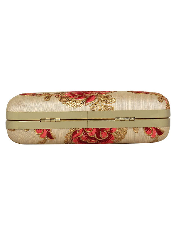 Women's Beige Color tulle Embroidered Faux Silk Clutch - VASTANS