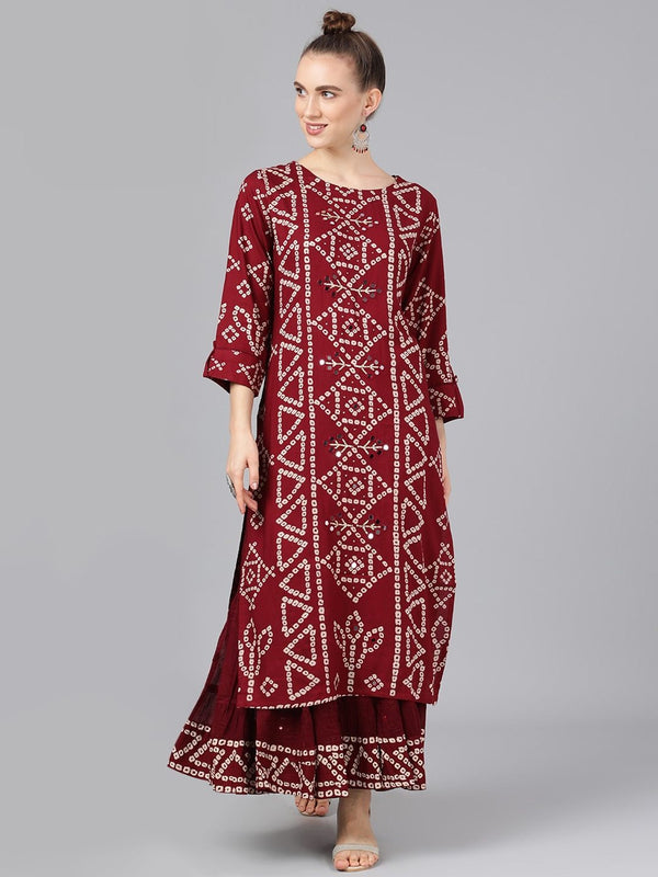 Women's  Maroon Printed Kurta with Skirt - AKS