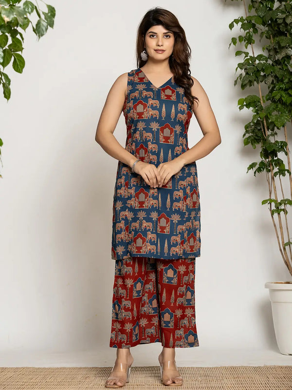 Cotton Cleeveless Co-Ord Set-Indiakreations-JS7202CRDBLM