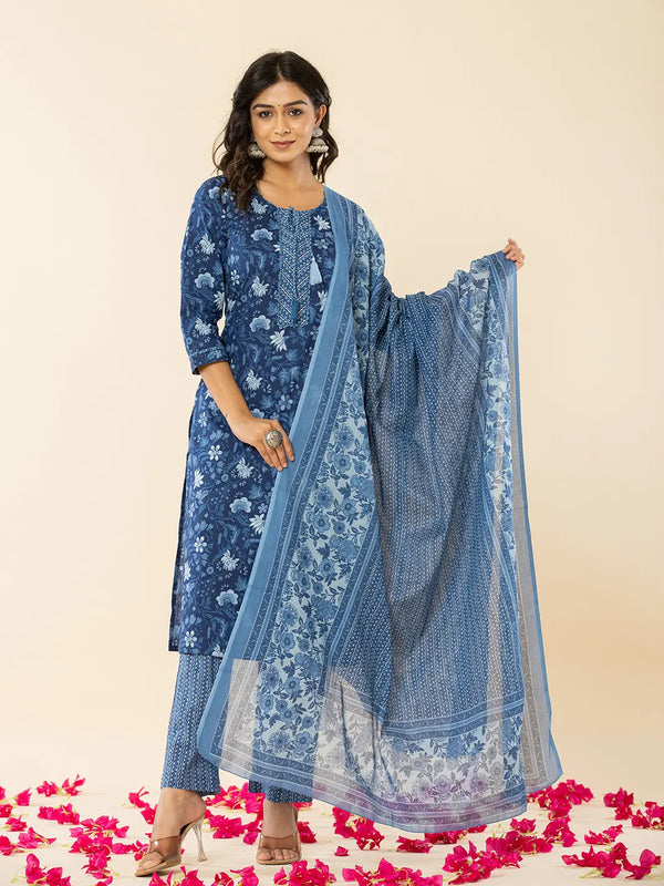 Blue Cotton Sequins_Work Straight Kurta Dupatta Set