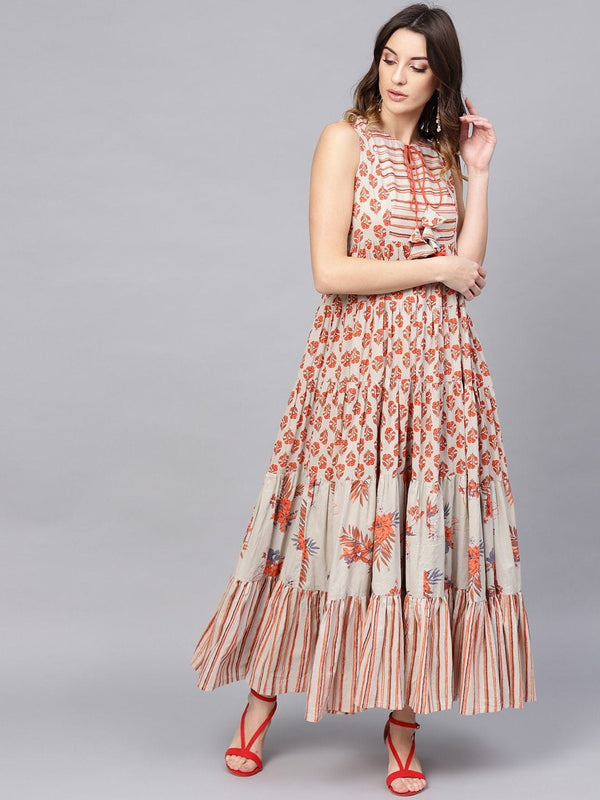 Women's  Beige & Orange Printed Tiered Maxi Dress - AKS