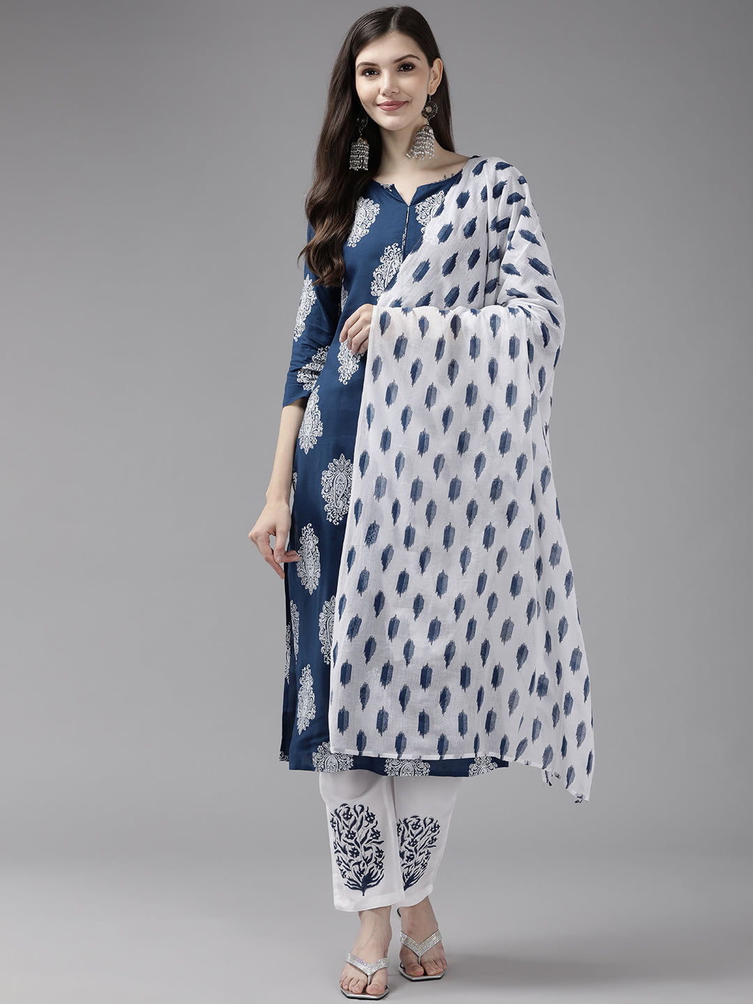 Women's Blue Paisley Print Rayon Kurta With Hand Block Print Palazzo & Dupatta - Yufta