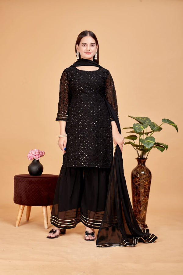 Women's Black Georgette Embellished Kurta Set - A2M