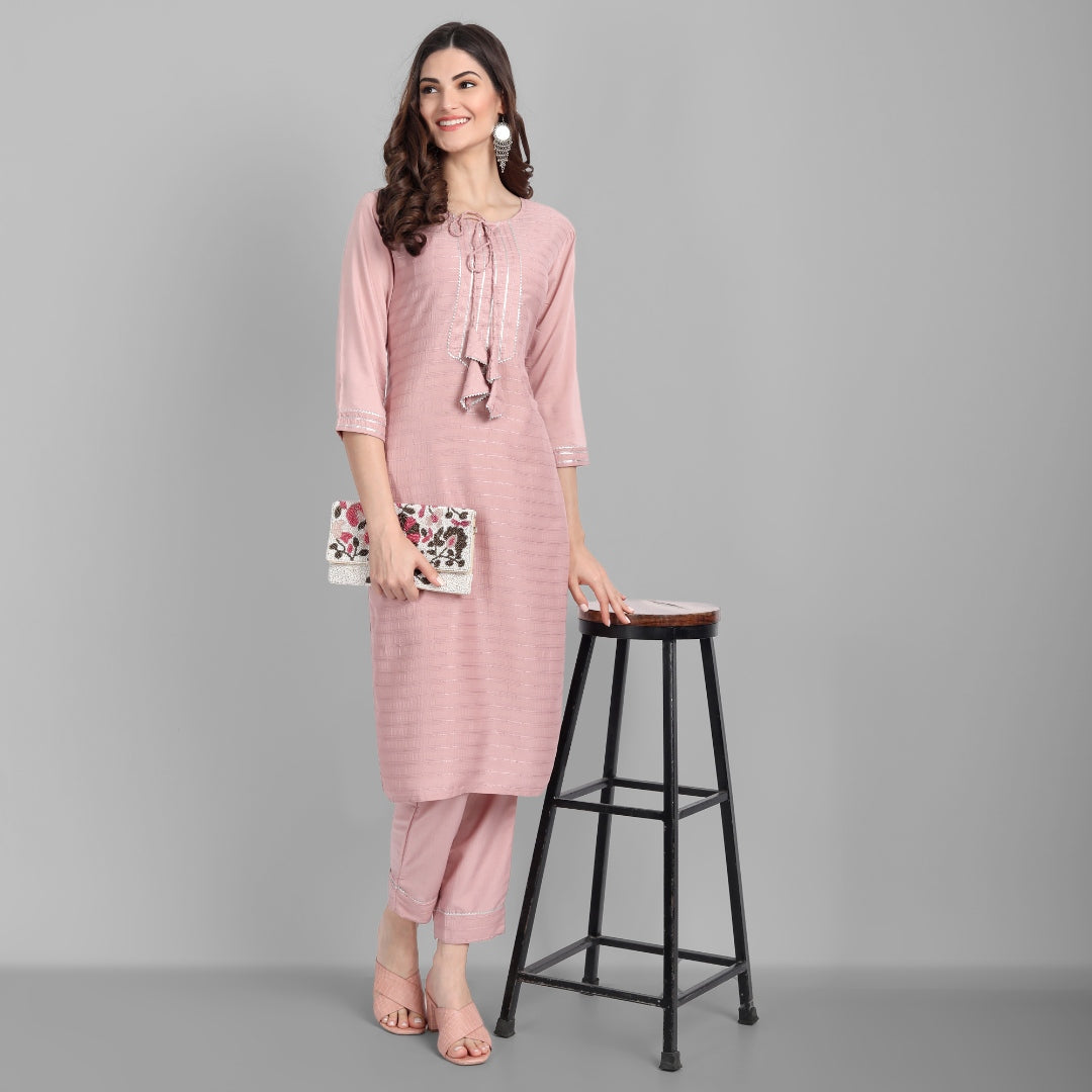 Women's Rose Gold Straight Kurta With Pant Set - Singni