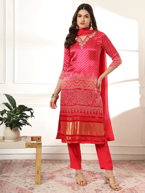 Hot Pink Gajji Silk Zari_Work Kurta Dupatta Pant Set