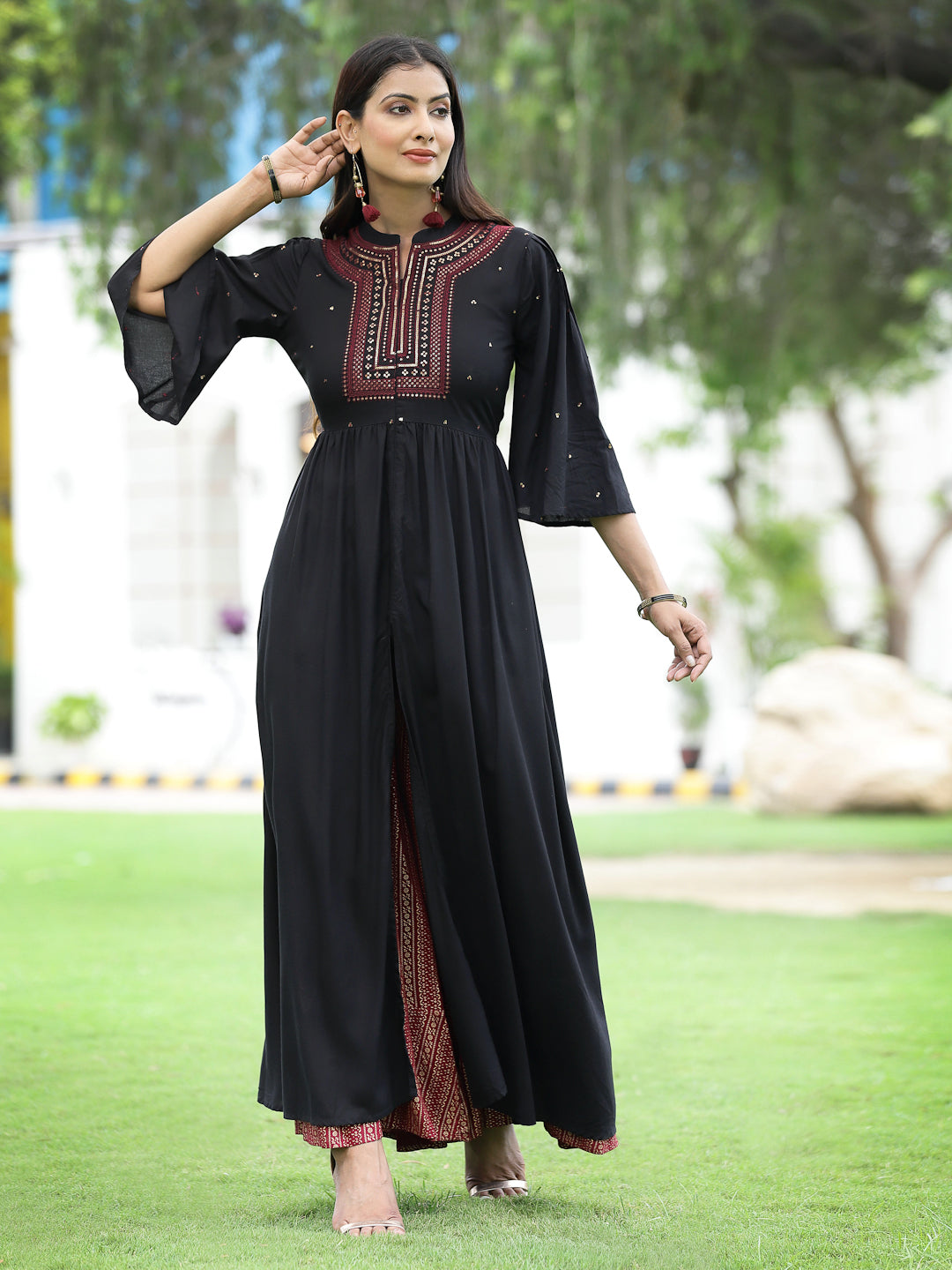 Women's Black Rayon Embroidered & Printed High-Slit Kurta Sets - Juniper