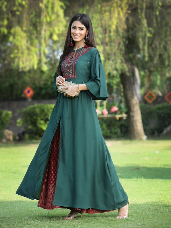 Jashvi Jade Green Ethnic Motif Printed Rayon High-Slit Kurta & Palazzo Set With Thread Work Embroidery