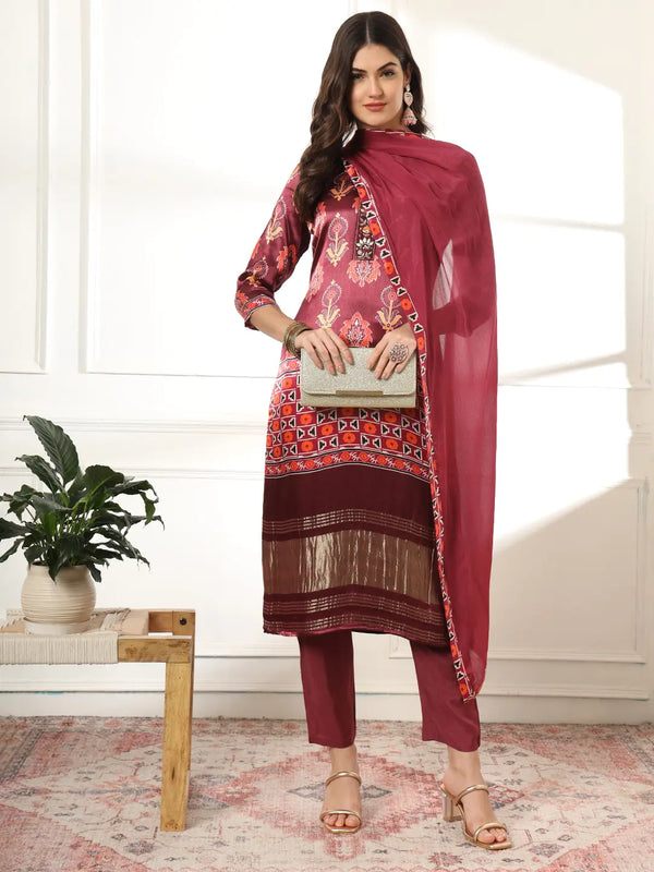 Burgundy Gajji Silk Kurta Dupatta Pant Set