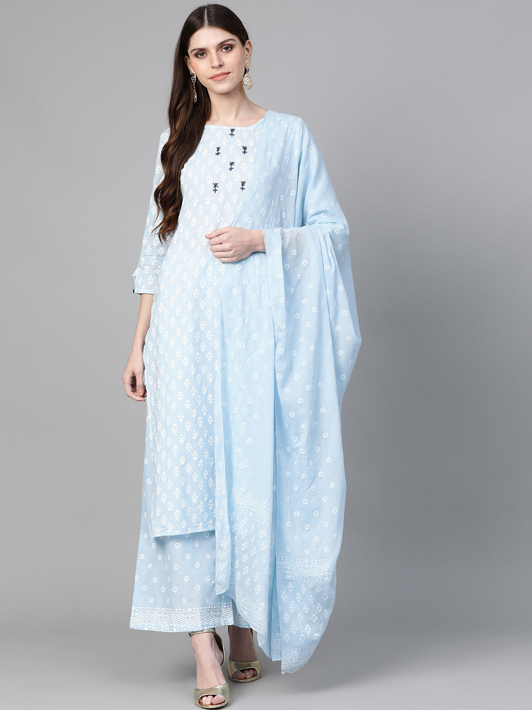 Women's Blue & White Printed Kurta With Palazzos & Dupatta - Yufta