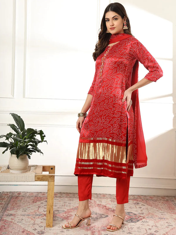 Maroon Gajji Silk Bandhani embroidered Kurta with Trousers with dupatta Set