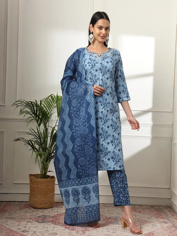 Cotton Blue Kurta Dupatta Pant Set