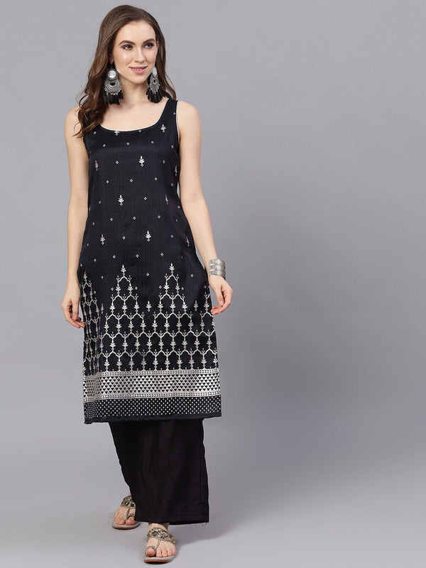 Women's Black Sliver Foil Printed Straight Kurta With Palazzo Set - AKS