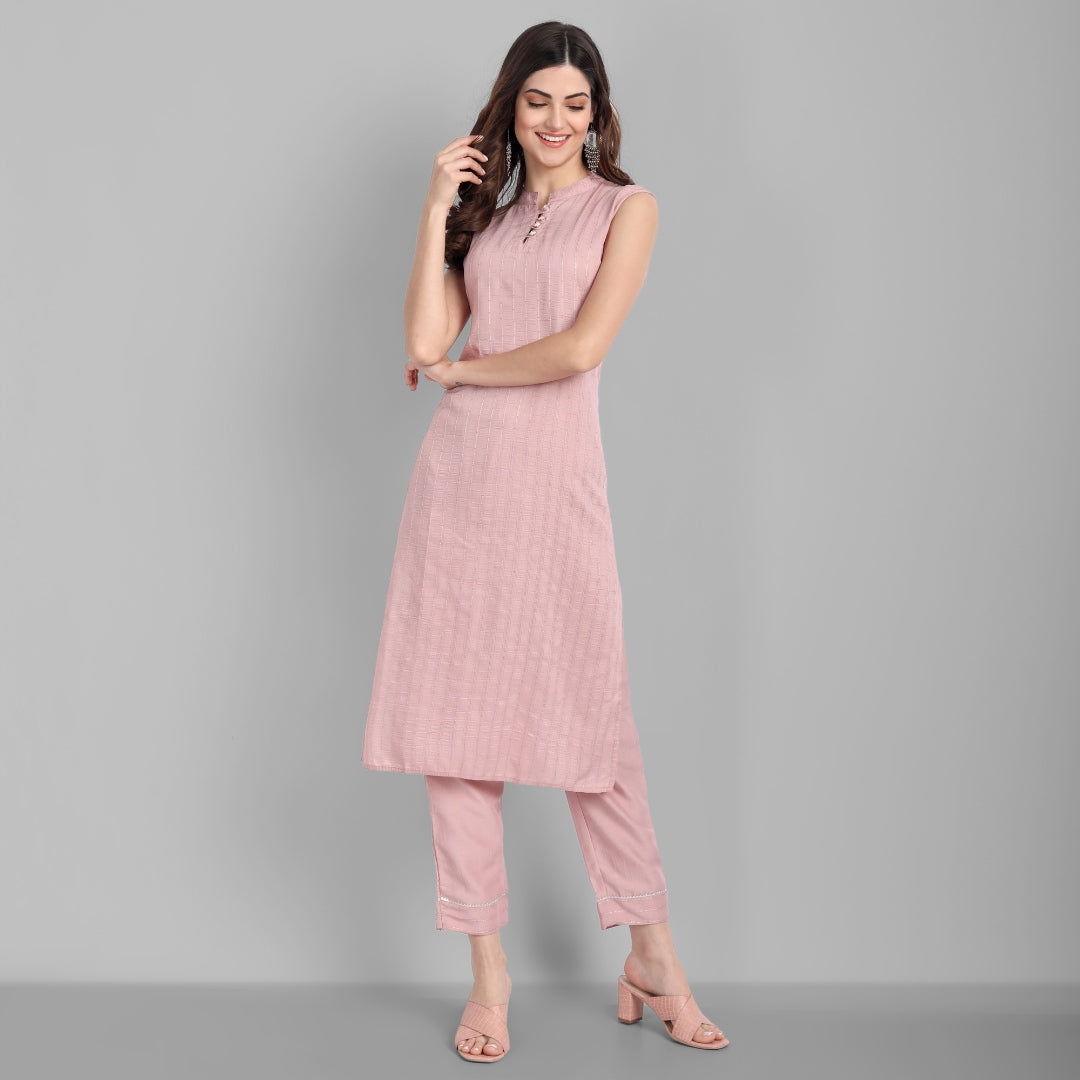 Women's Rose Gold Silk Straight Kurta With Pant Set - Singni