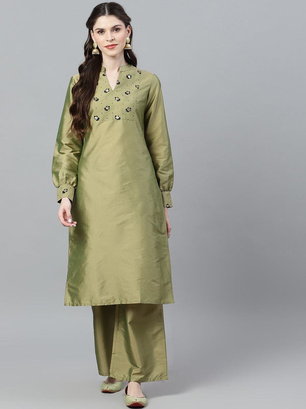 Women's  Green & Black Yoke Design Kurta with Palazzos - AKS