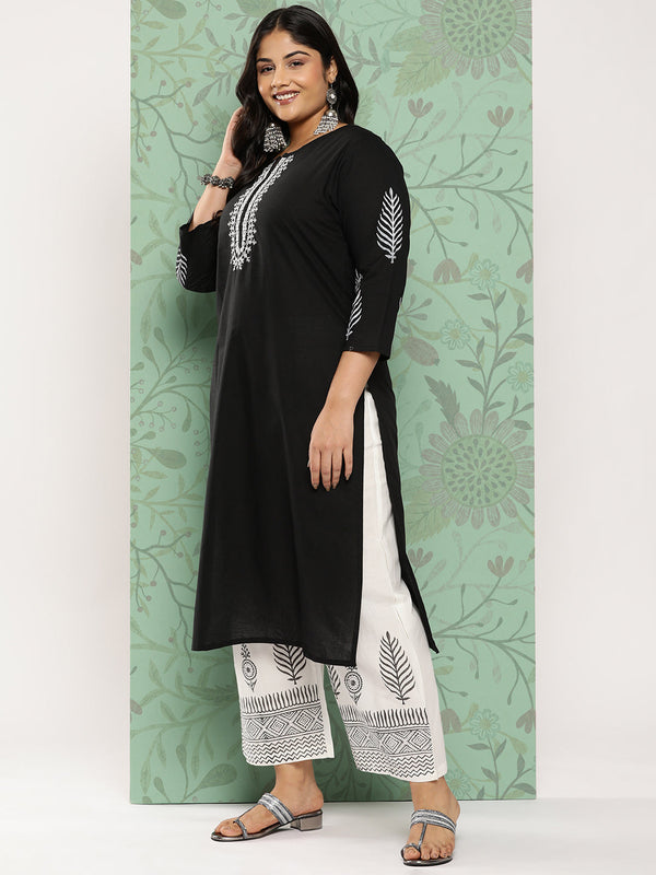 Women's Black & Off-White Yoke Design Pure Cotton Kurta With Palazzos & With Dupatta - Yufta