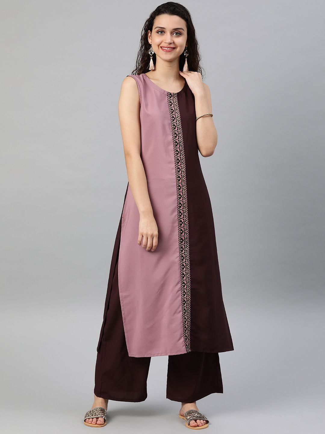 Women Brown Crepe Kurta With Palazzo by Ziyaa (2 Pc Set)