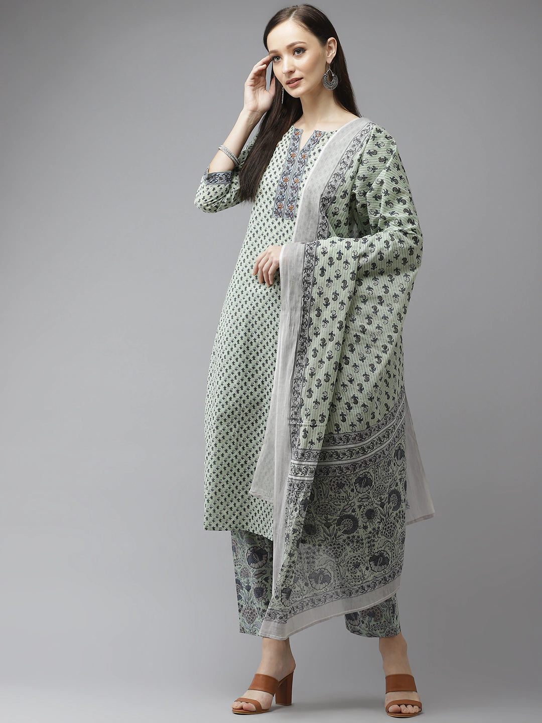 Women's Green And Off-White Yoke Design Kurta With Palazzos With Dupatta Set - Yufta