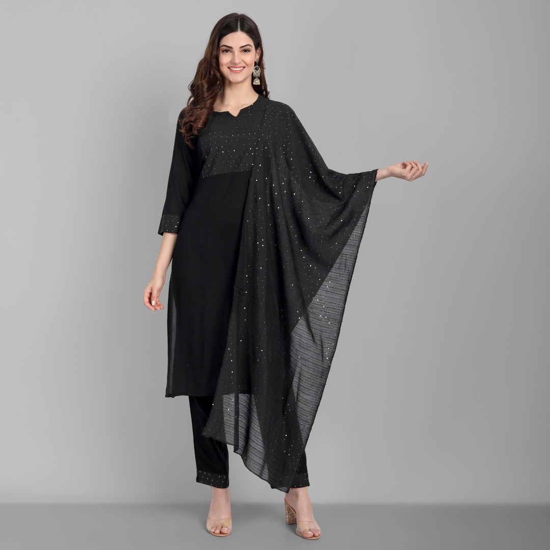 Women's Black Sequence Kurta With Pant And Dupatta Set - Singni