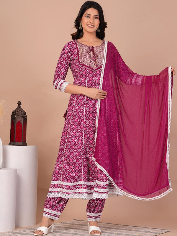 Women's Floral Printed Gotta Patti Anarkali Kurta with Trousers & With Dupatta - Taantav