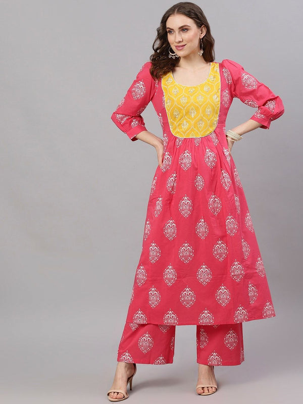 Women's  Pink & Yellow Yoke Design Anarkali Kurta - AKS