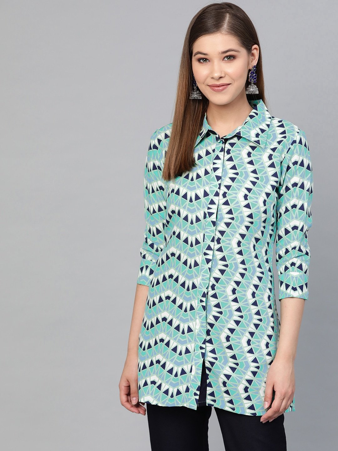 Women's Green & Navy Blue Printed Tunic - Yufta