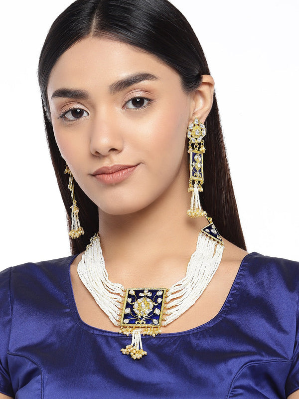 Women's gold plated traditiona padmavati pearl kundan necklace with earrings ml118bl - I Jewels