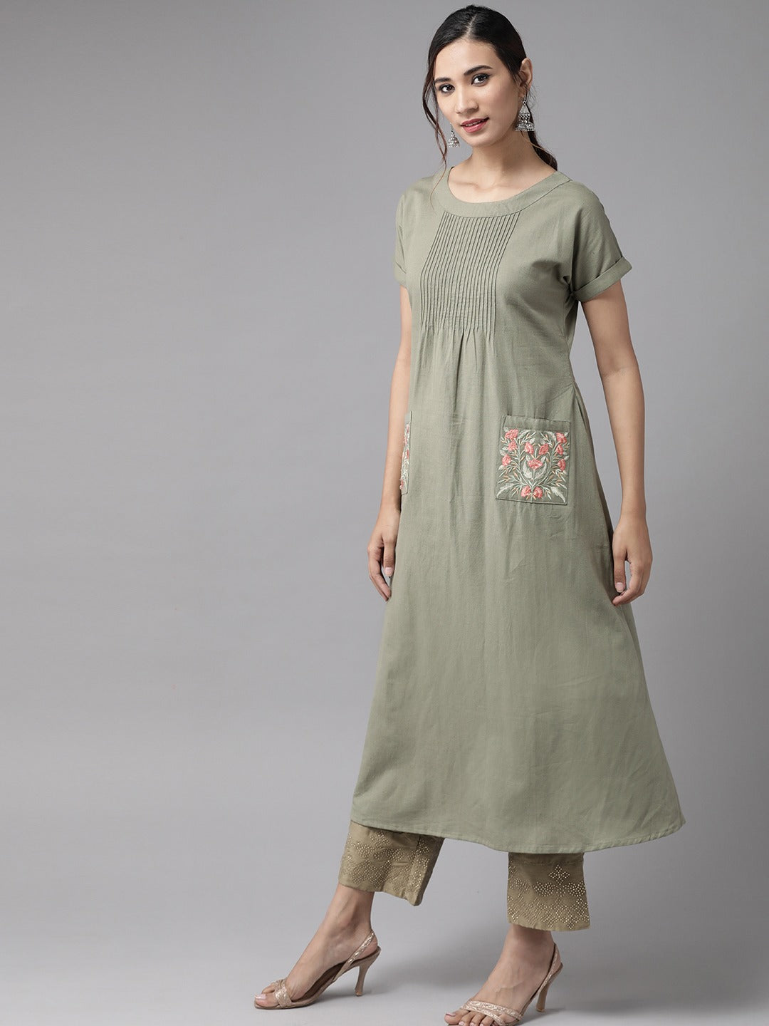 Women's Green Extended Sleeves Thread Work Pastels Kurta - Yufta