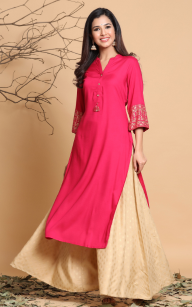 Women's Fuschia Rayon Printed Straight Kurta With Mask - Juniper