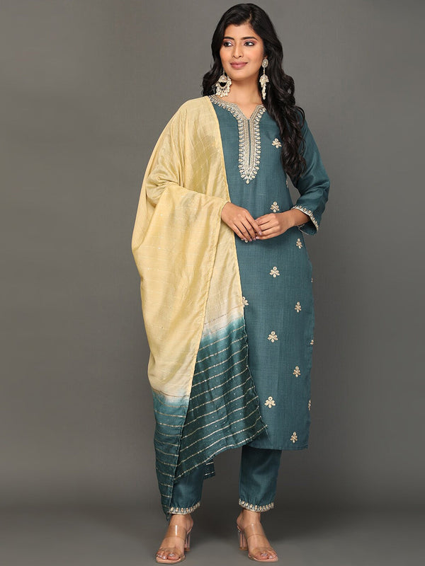 Women's Ethnic Motifs Embroidered Zari Kurta With Trousers & Dupatta - Noz2Toz