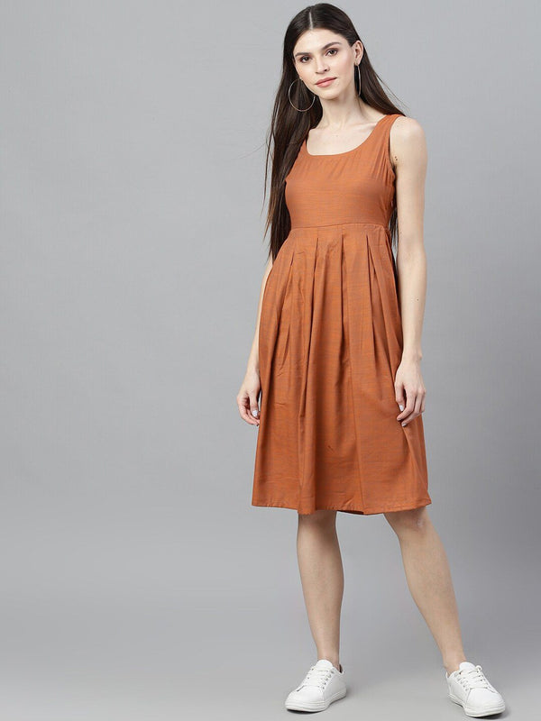 Women's  Orange Solid A-Line Dress - AKS