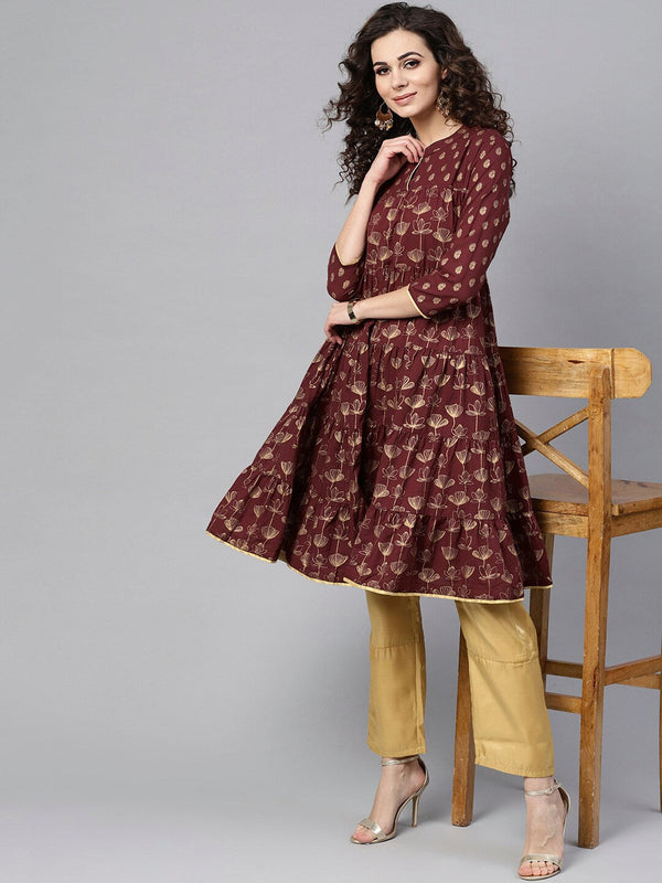 Women's Maroon gold printed gathered kurta - Aks