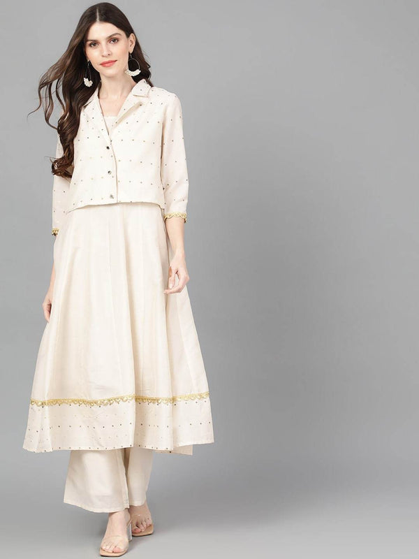 Women's  Off-White Self Design Kurta with Palazzos & Jacket - AKS