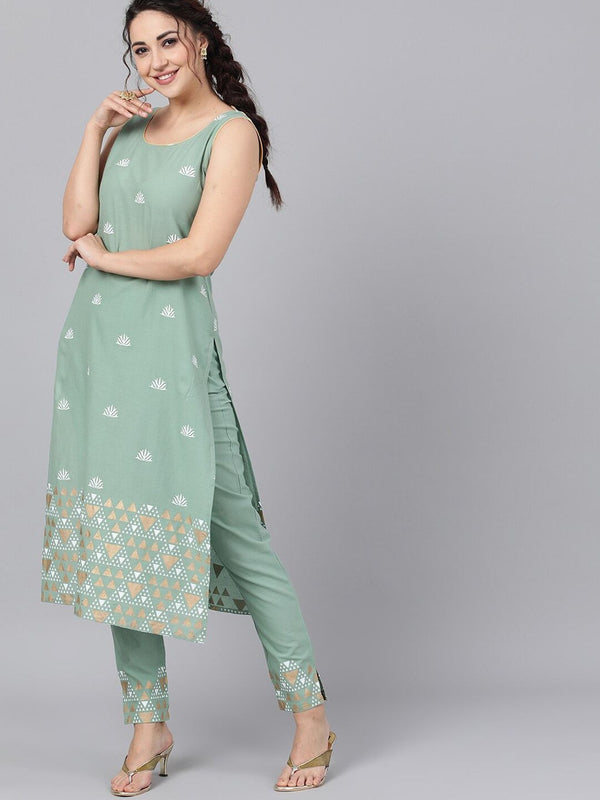 Women's  Sea Green Khari Printed Kurta with Trousers - AKS