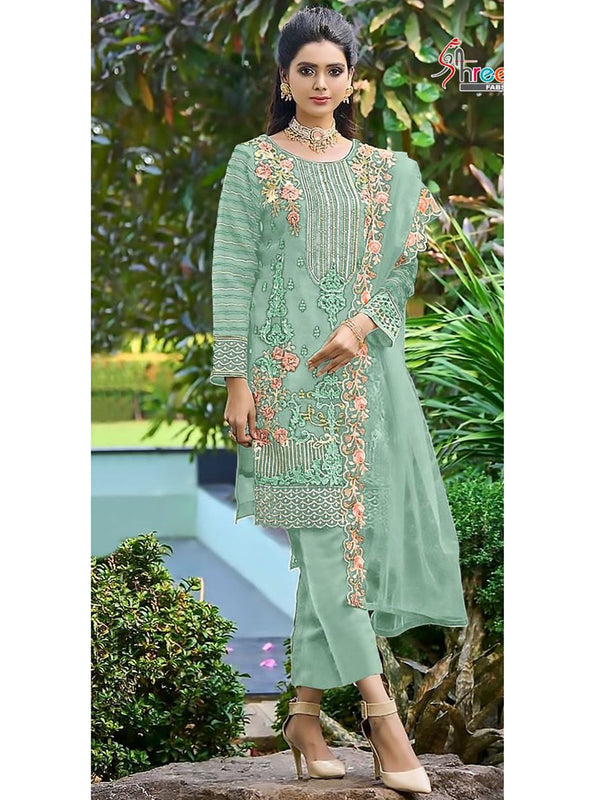 Mint Green Organza Embroidery Anarkali With Dupatta Set