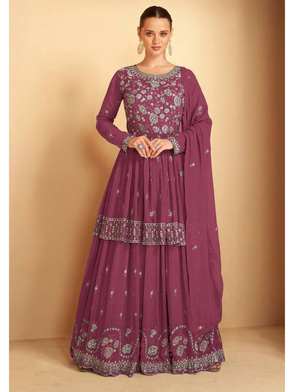 Plum Purple Georgette Embroidery Anarkali With Dupatta Set