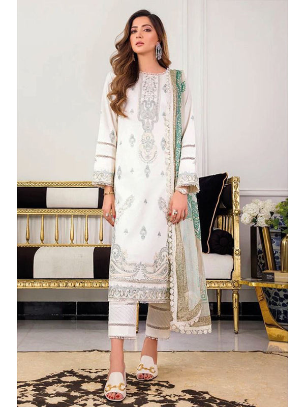 White Cambric Embroidery Anarkali With Dupatta Set