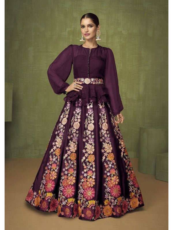 Violet Georgette Embroidery Anarkali With Dupatta Set