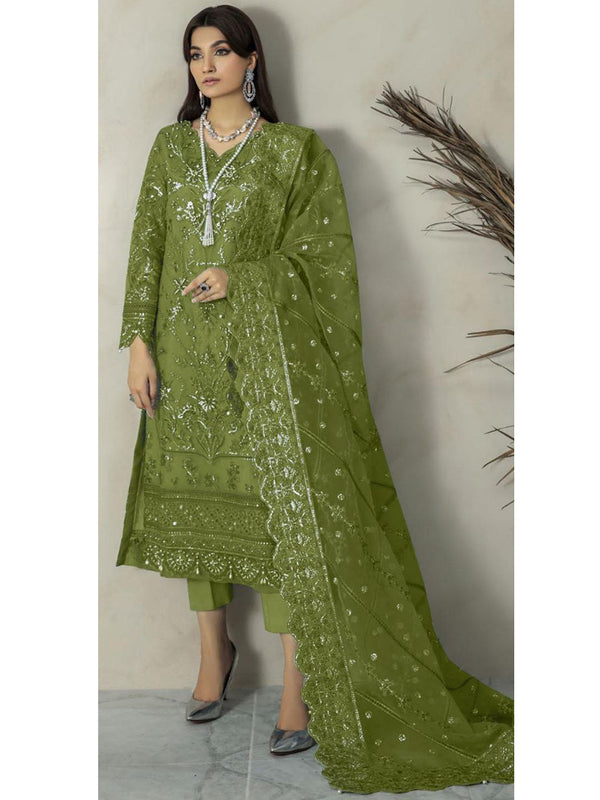 Pear Green Organza Embroidery Anarkali With Dupatta Set