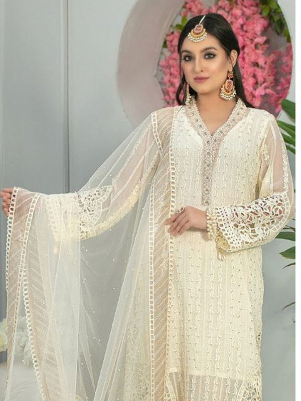 Off White Georgette Embroidery Anarkali With Dupatta Set