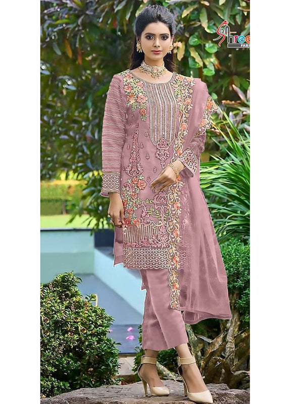 Dusty Pink Organza Embroidery Anarkali With Dupatta Set