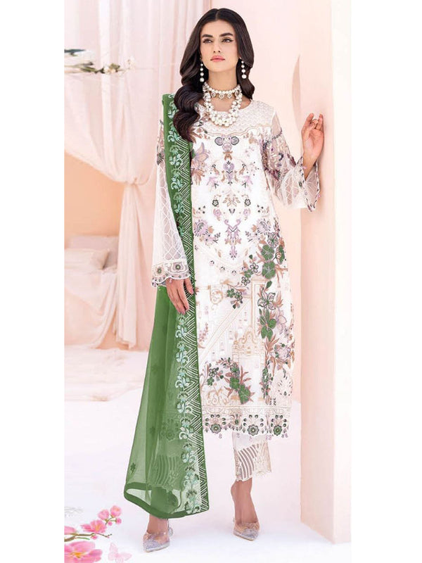 White And Green Georgette Embroidery Anarkali With Dupatta Set