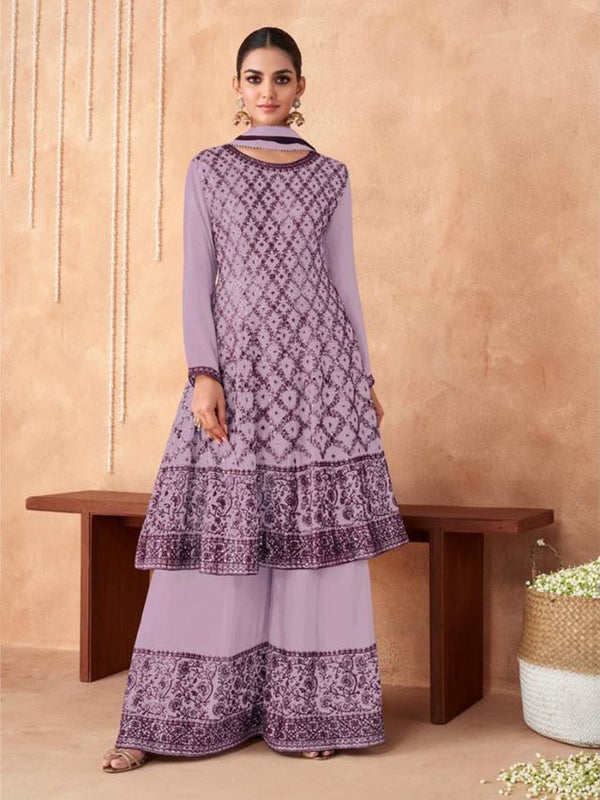 Pastel Purple Georgette Embroidery Sequins Anarkali With Dupatta Set