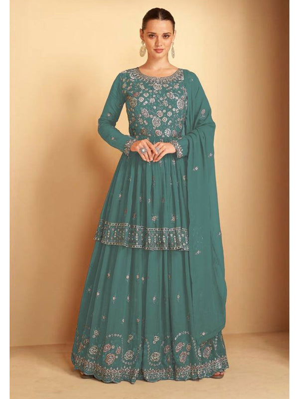 Sage Green Georgette Embroidery Anarkali With Dupatta Set