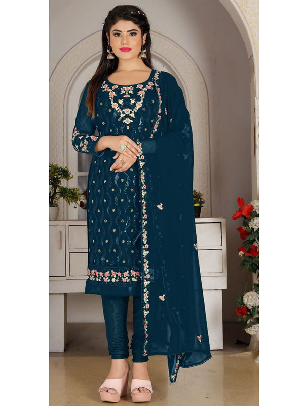 Blue Georgette Embroidery Anarkali With Dupatta Set