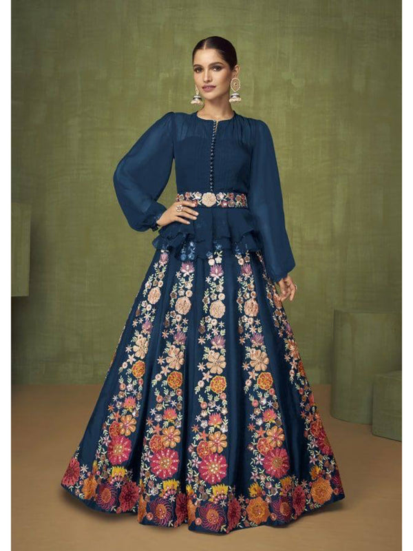 Peacock Blue Georgette Embroidery Anarkali With Dupatta Set