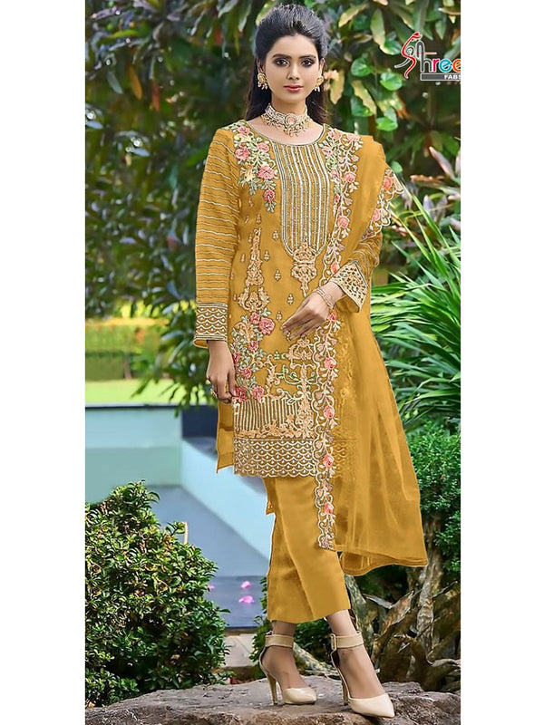 Mustard Organza Embroidery Anarkali With Dupatta Set