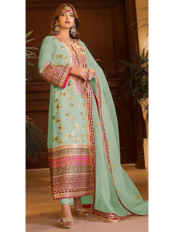 Mint Organza Embroidery Anarkali With Dupatta Set